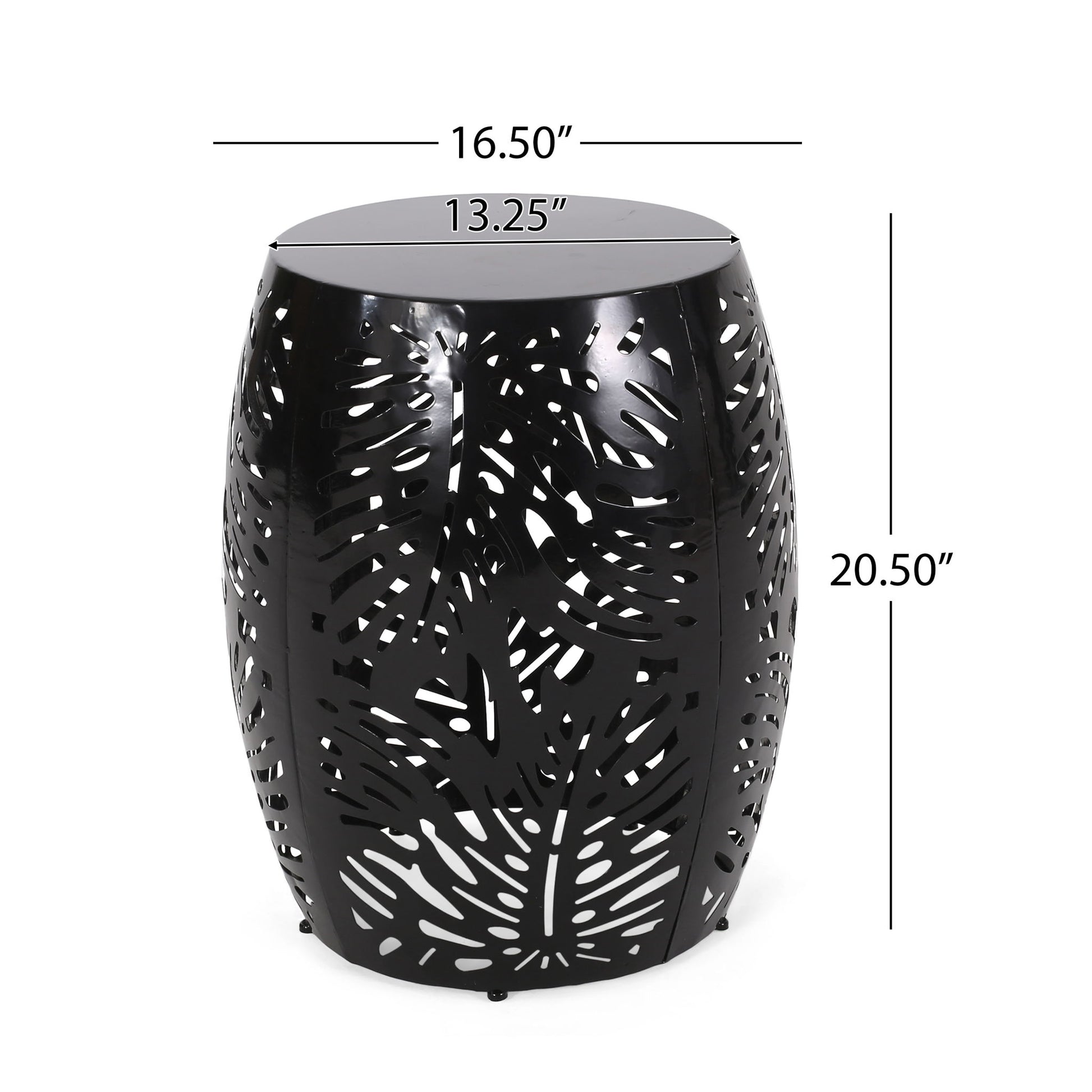 The Modern Design Metal End Table, Large, features a black metal drum shape with leaf-pattern cutouts. It stands 20.5" high, with a top diameter of 13.25" and widest diameter of 16.5".