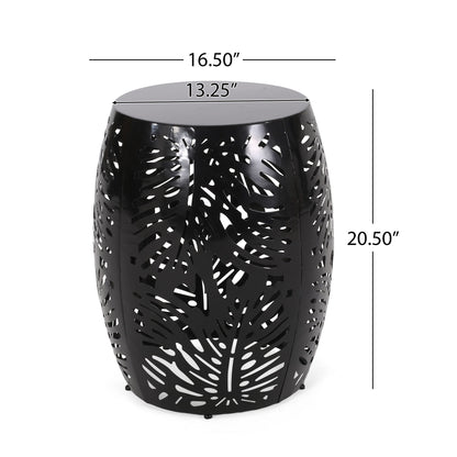 The Modern Design Metal End Table, Large, features a black metal drum shape with leaf-pattern cutouts. It stands 20.5" high, with a top diameter of 13.25" and widest diameter of 16.5".