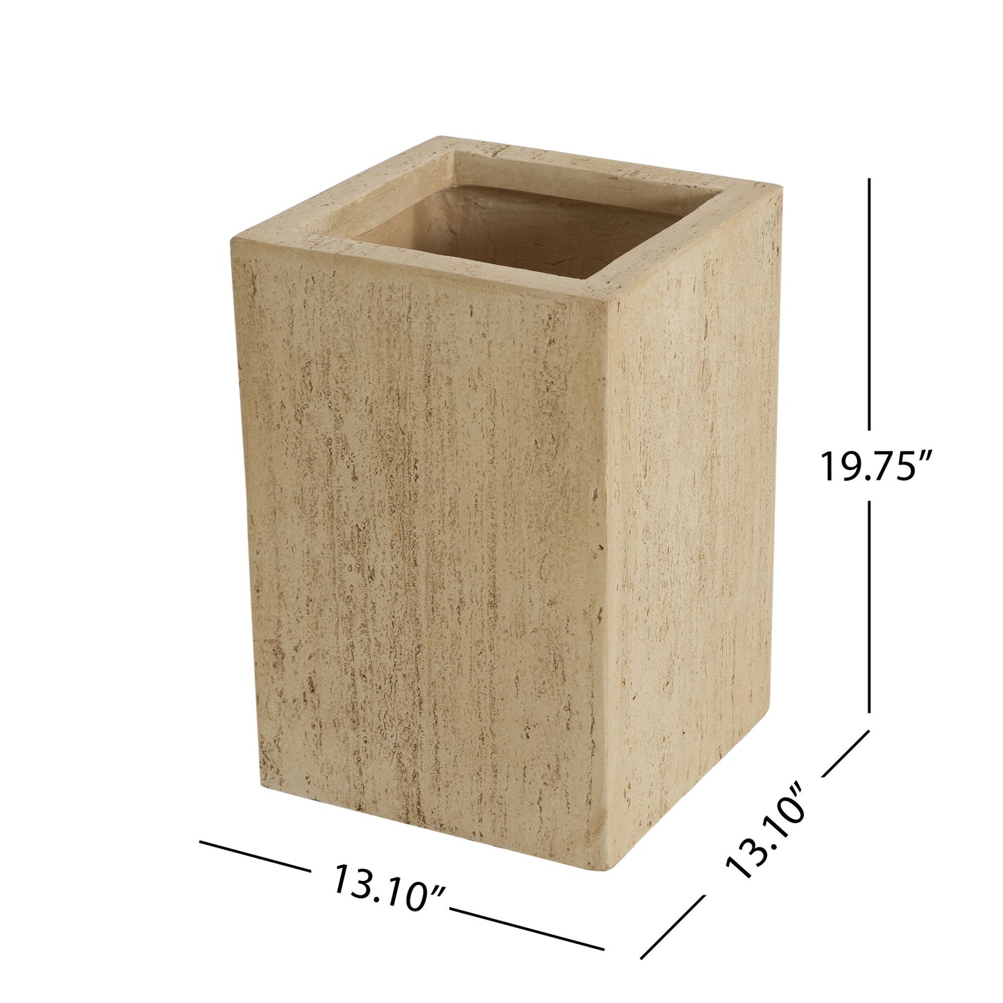 The Modern Outdoor Planter is beige with a stone-like texture, rectangular shape, and measures 19.75" tall by 13.10" wide and deep.