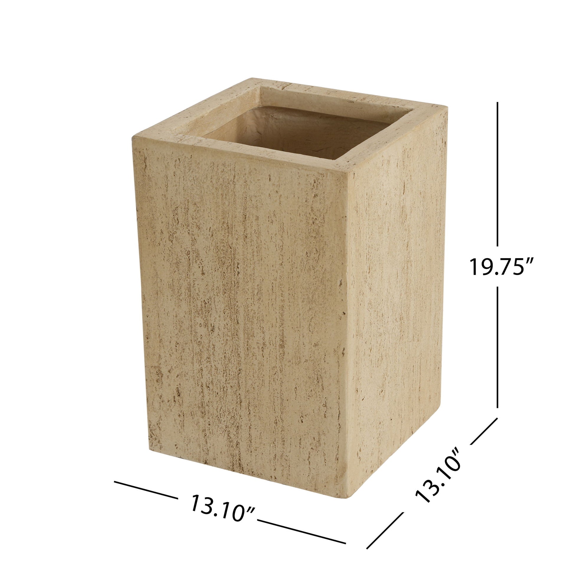 The Modern Outdoor Planter is beige with a stone-like texture, rectangular shape, and measures 19.75" tall by 13.10" wide and deep.