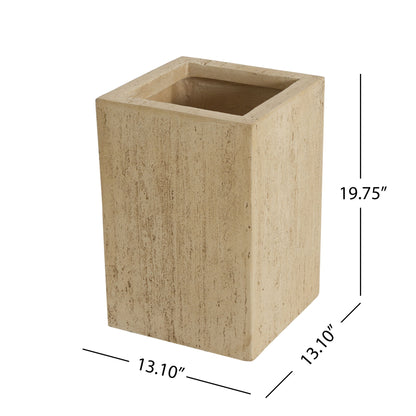The Modern Outdoor Planter is beige with a stone-like texture, rectangular shape, and measures 19.75" tall by 13.10" wide and deep.