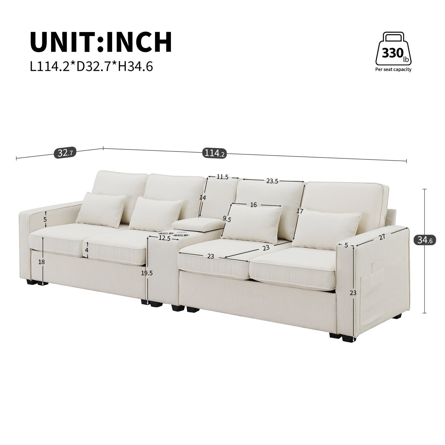 A modern beige upholstered 4-seat sofa with console, 2 cupholders, 2 USB ports (wired/wireless charging), armrests, and 4 pillows. Measures 114.2"L x 32.7"D x 34.6"H; seat height:19.5". Max per seat: 330 lbs.