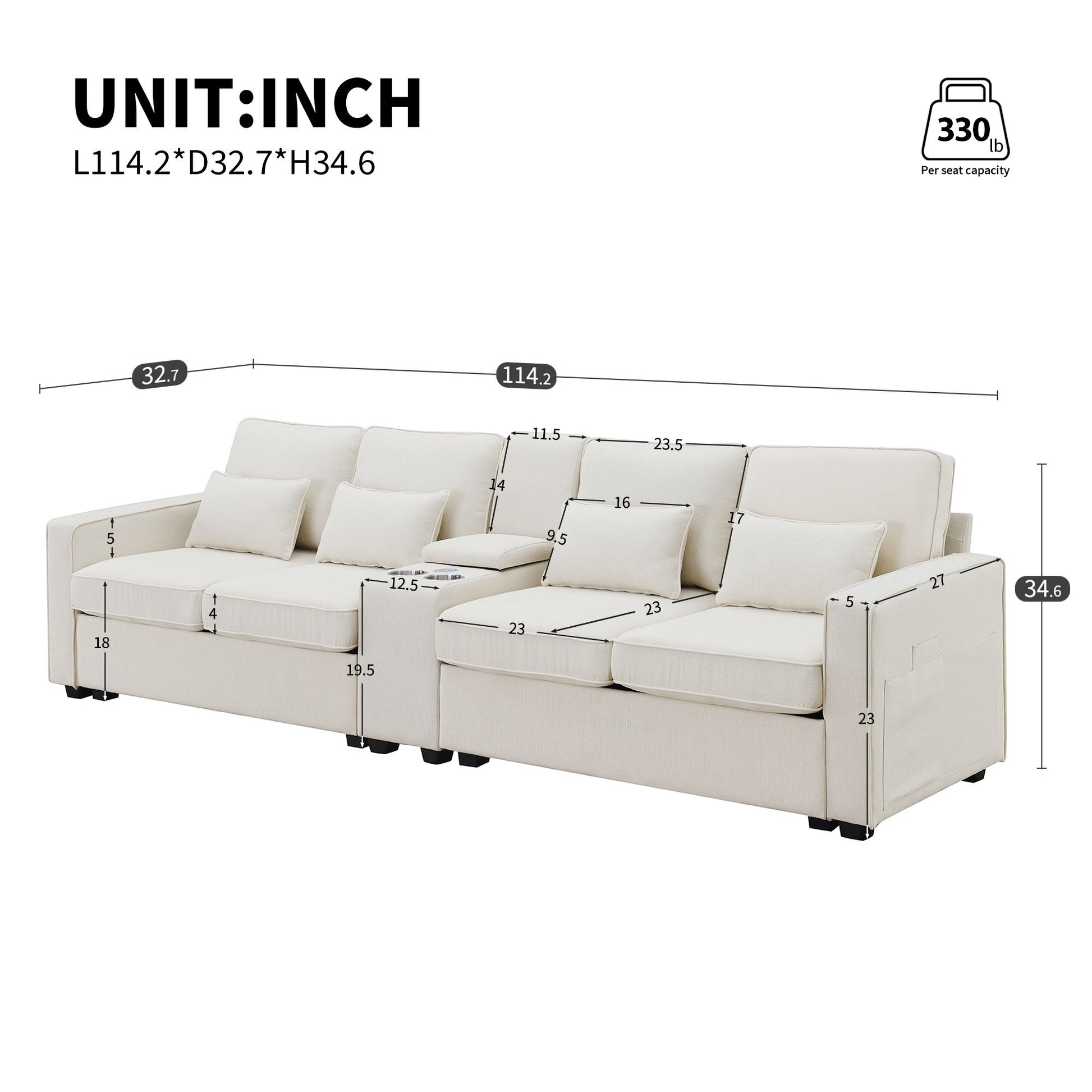 A modern beige upholstered 4-seat sofa with console, 2 cupholders, 2 USB ports (wired/wireless charging), armrests, and 4 pillows. Measures 114.2"L x 32.7"D x 34.6"H; seat height:19.5". Max per seat: 330 lbs.