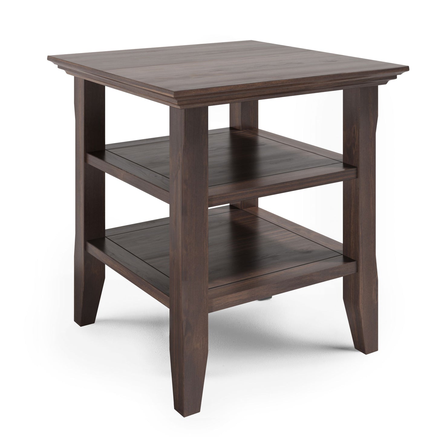The Acadian End Table in Warm Walnut Brown features a square top, two lower shelves, straight legs, and a smooth finish.