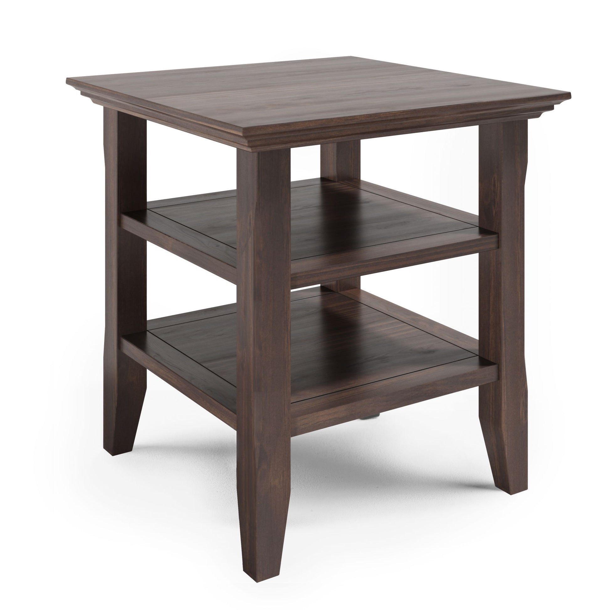 The Acadian End Table in Warm Walnut Brown features a square top, two lower shelves, straight legs, and a smooth finish.