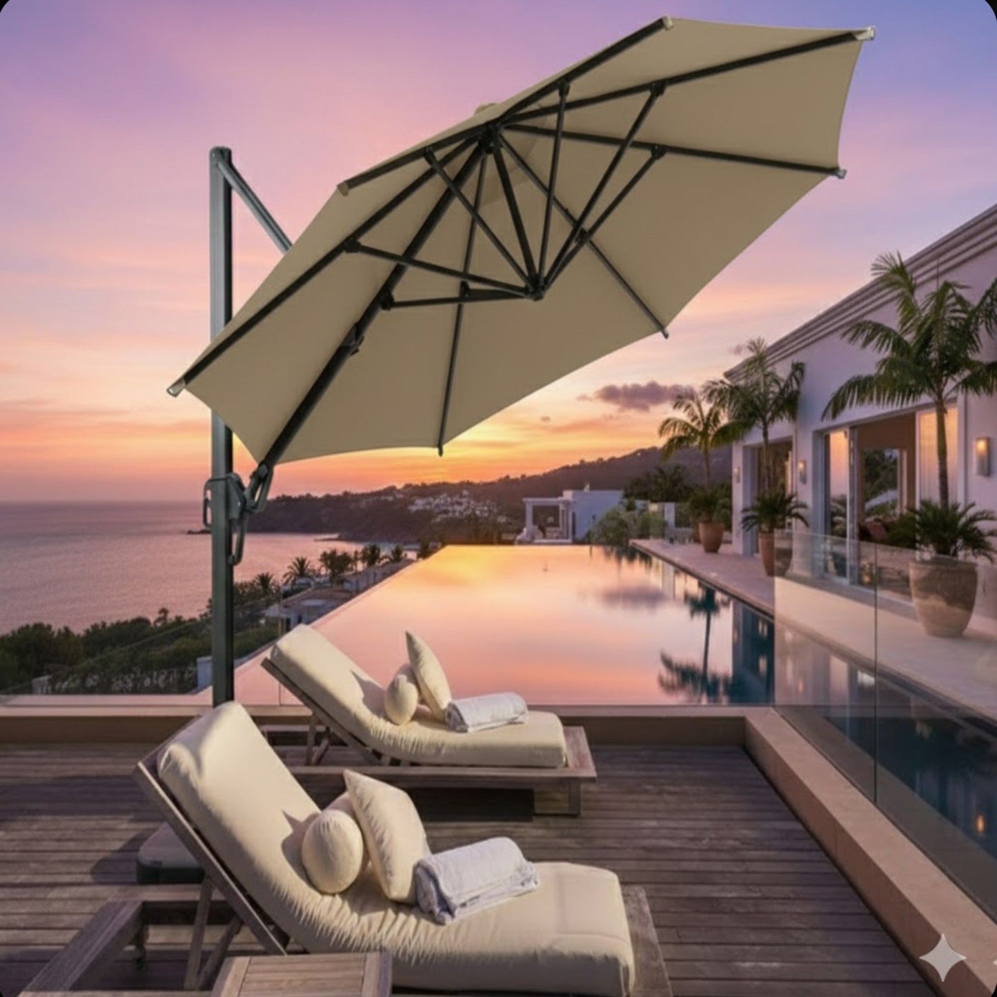 Round Cantilever Patio Umbrella With 360 Rotation & Infinite Tilt Adjustment