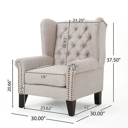 Mid Century Modern Arm Reading Chair for Living Room in beige, featuring tufted wingback design, nailhead trim, dark wooden legs; dimensions: 37.5" H x 30" W, back height 22.83", back width 21.25", seat depth 23.62", seat width 22".