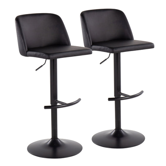 A pair of Toriano Contemporary Adjustable Bar Stools features modern black padded seats, low backrests, metal pedestal bases with rounded T footrests, and height adjustment levers. Set of 2 shown side by side on a white background.