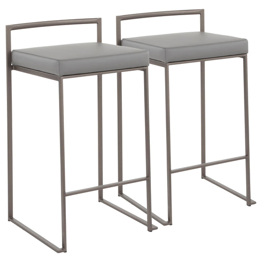 Two Fuji Industrial Stackable Counter Stools with square gray cushioned seats, slim metal frames, low rectangular backrests, and footrests are placed side by side.