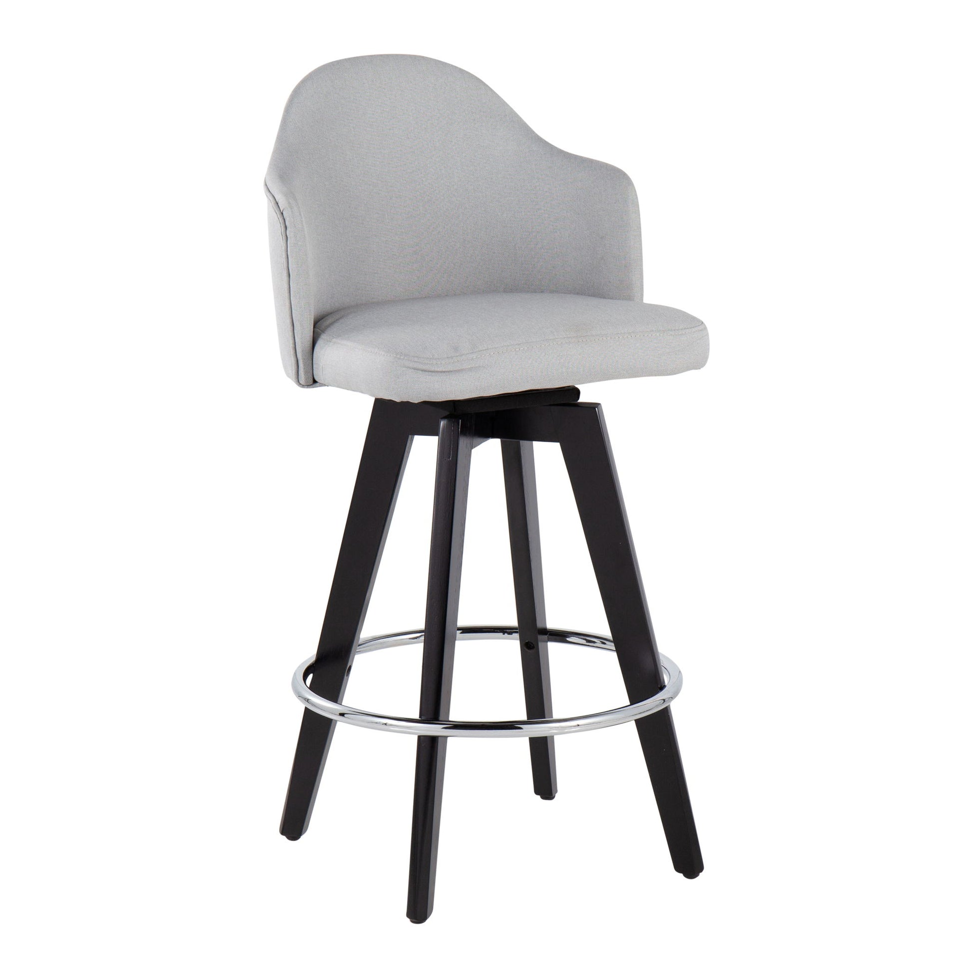 The Ahoy Contemporary Fixed Height Counter Stool (Set of 2) features a light gray upholstered seat and backrest, black wooden legs, and a round chrome footrest.