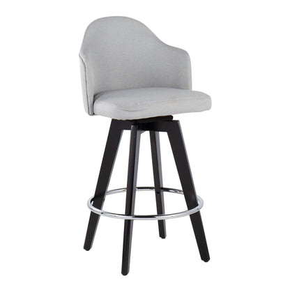 The Ahoy Contemporary Fixed Height Counter Stool (Set of 2) features a light gray upholstered seat and backrest, black wooden legs, and a round chrome footrest.