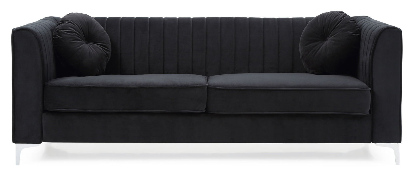 The Delray Micro Suede Sofa features a modern black velvet finish, vertical-stitched backrest, two seat cushions, two round black throw pillows, and sleek short metal legs.