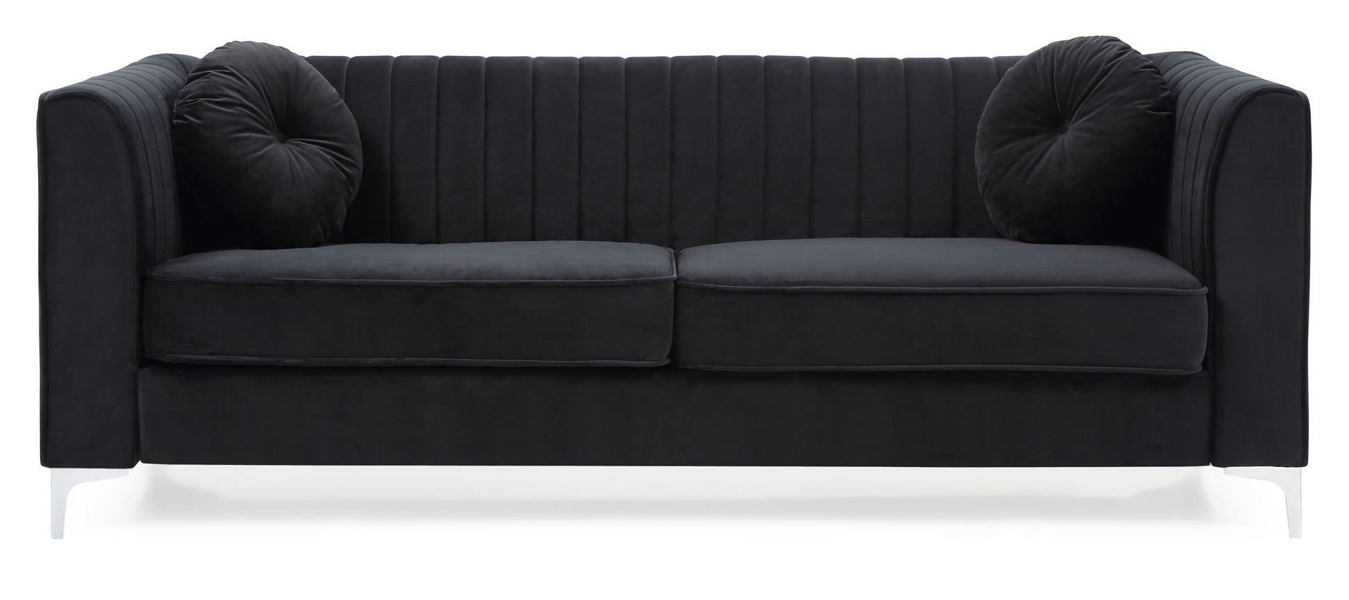 The Delray Micro Suede Sofa features a modern black velvet finish, vertical-stitched backrest, two seat cushions, two round black throw pillows, and sleek short metal legs.