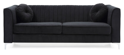 The Delray Micro Suede Sofa features a modern black velvet finish, vertical-stitched backrest, two seat cushions, two round black throw pillows, and sleek short metal legs.