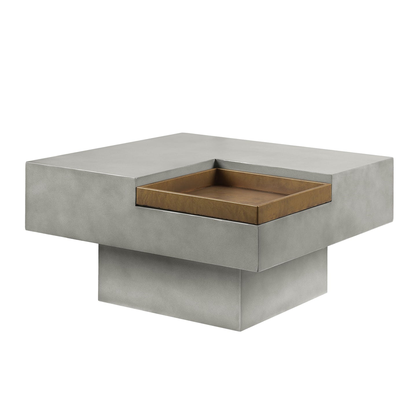 The Kailano - Weathered Table - Gray is a modern square coffee table with a gray concrete finish, clean geometric lines, a minimalist look, and a recessed bronze-colored tray on one side.