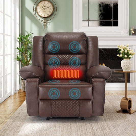 The Breathable Leather Massage Recliner Manual Chair is displayed in a bright living room. Blue circles mark the massage points, while a red area highlights the heated lower backrest and seat sections.