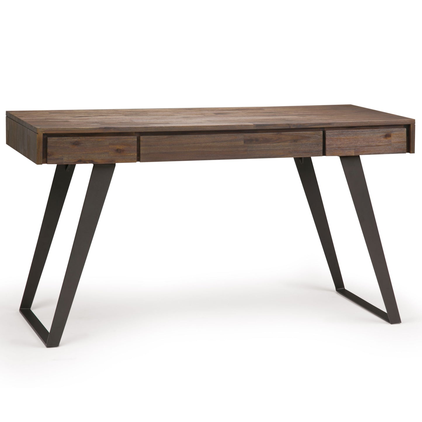The Lowry - Handcrafted Desk features a modern wooden design with three front drawers and angled black metal legs, shown against a plain white background.