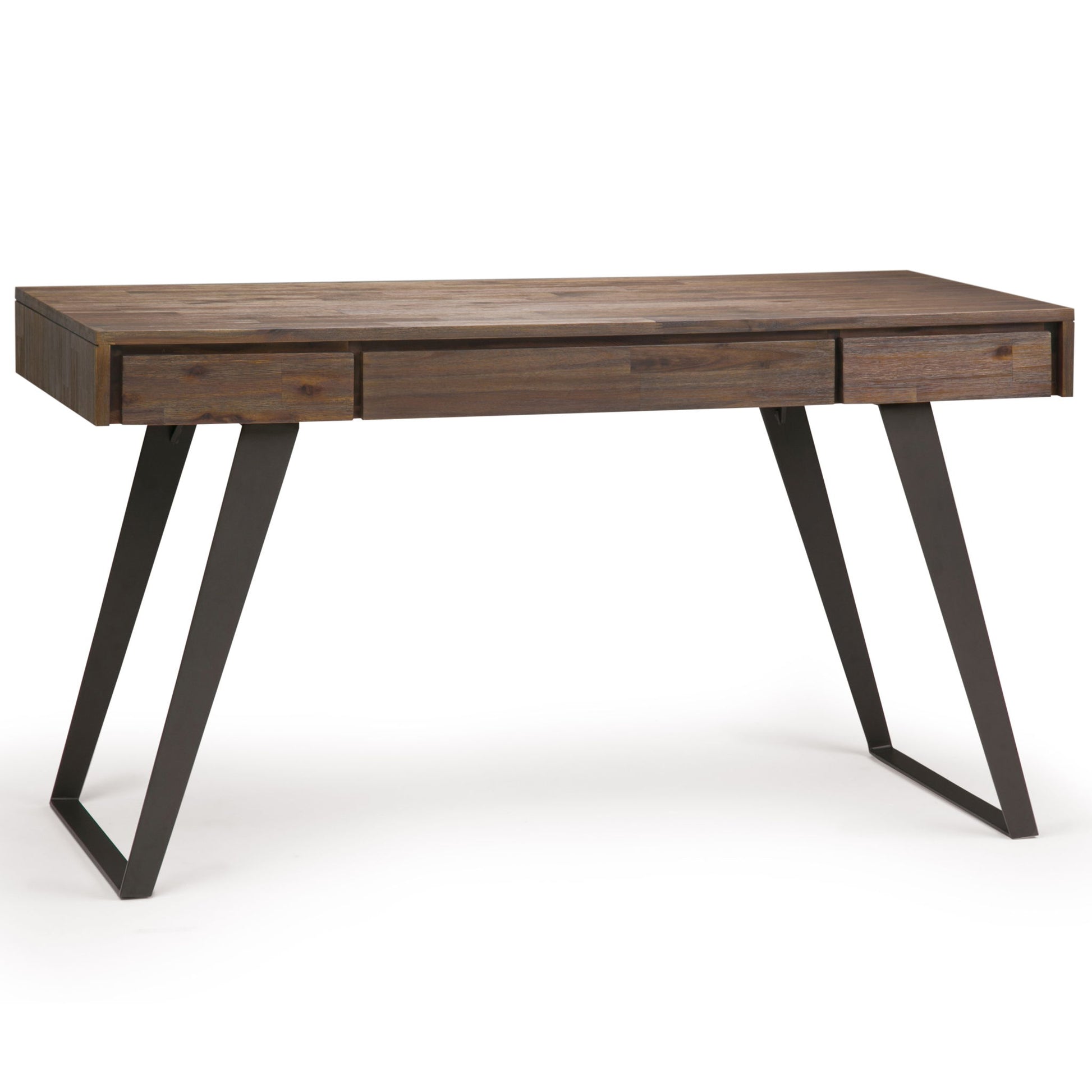 The Lowry - Handcrafted Desk features a modern wooden design with three front drawers and angled black metal legs, shown against a plain white background.