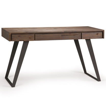 The Lowry - Handcrafted Desk features a modern wooden design with three front drawers and angled black metal legs, shown against a plain white background.