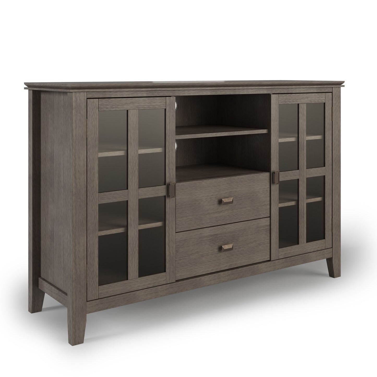 The Artisan Handcrafted Tall TV Media Stand features a gray wood finish, two glass-paneled cabinet doors on each side, two center open shelves, and two pull-out drawers beneath the shelves.