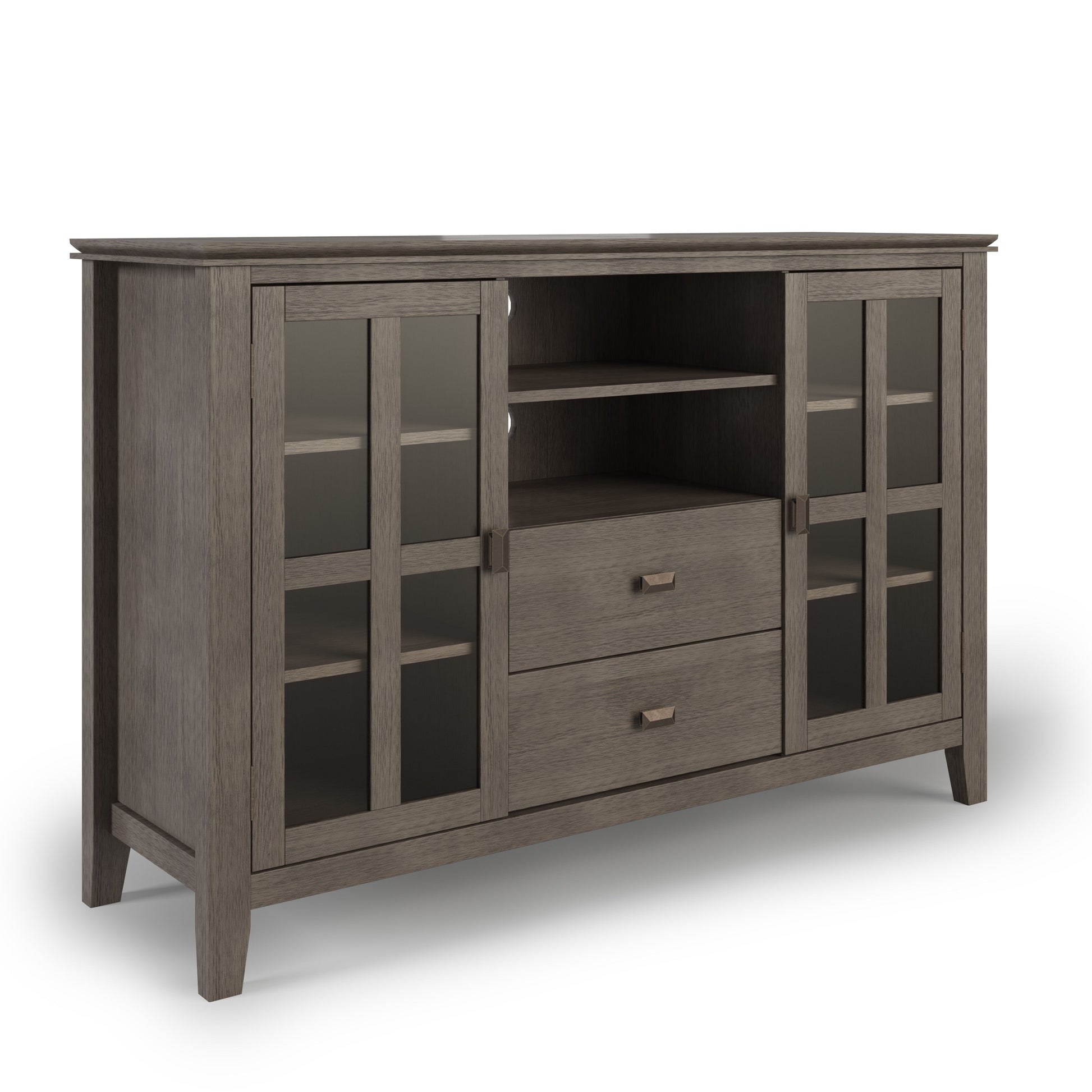 The Artisan Handcrafted Tall TV Media Stand features a gray wood finish, two glass-paneled cabinet doors on each side, two center open shelves, and two pull-out drawers beneath the shelves.