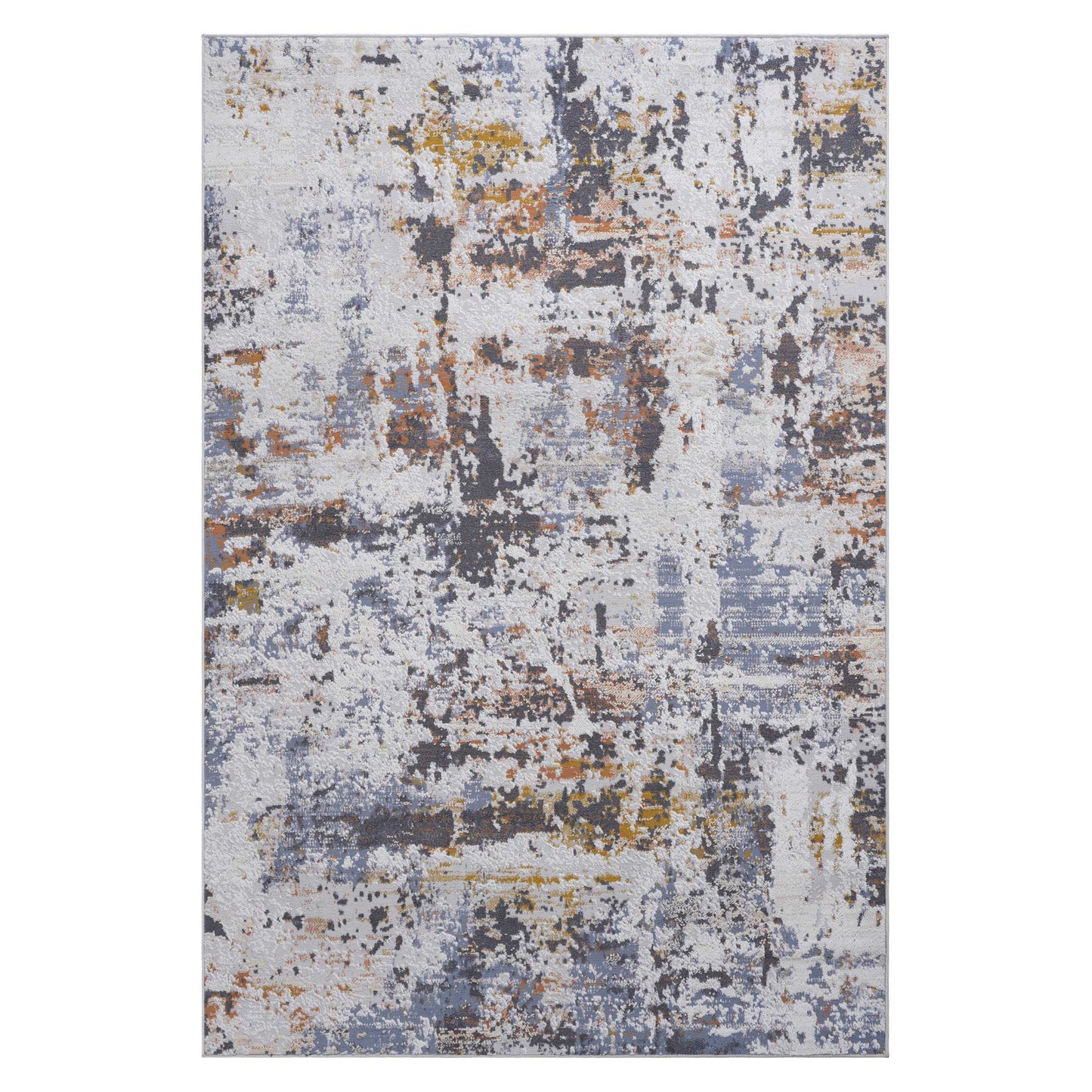 The Payas Abstract Area Rug features a distressed pattern in grey, blue, yellow, and orange tones for a modern, weathered look.
