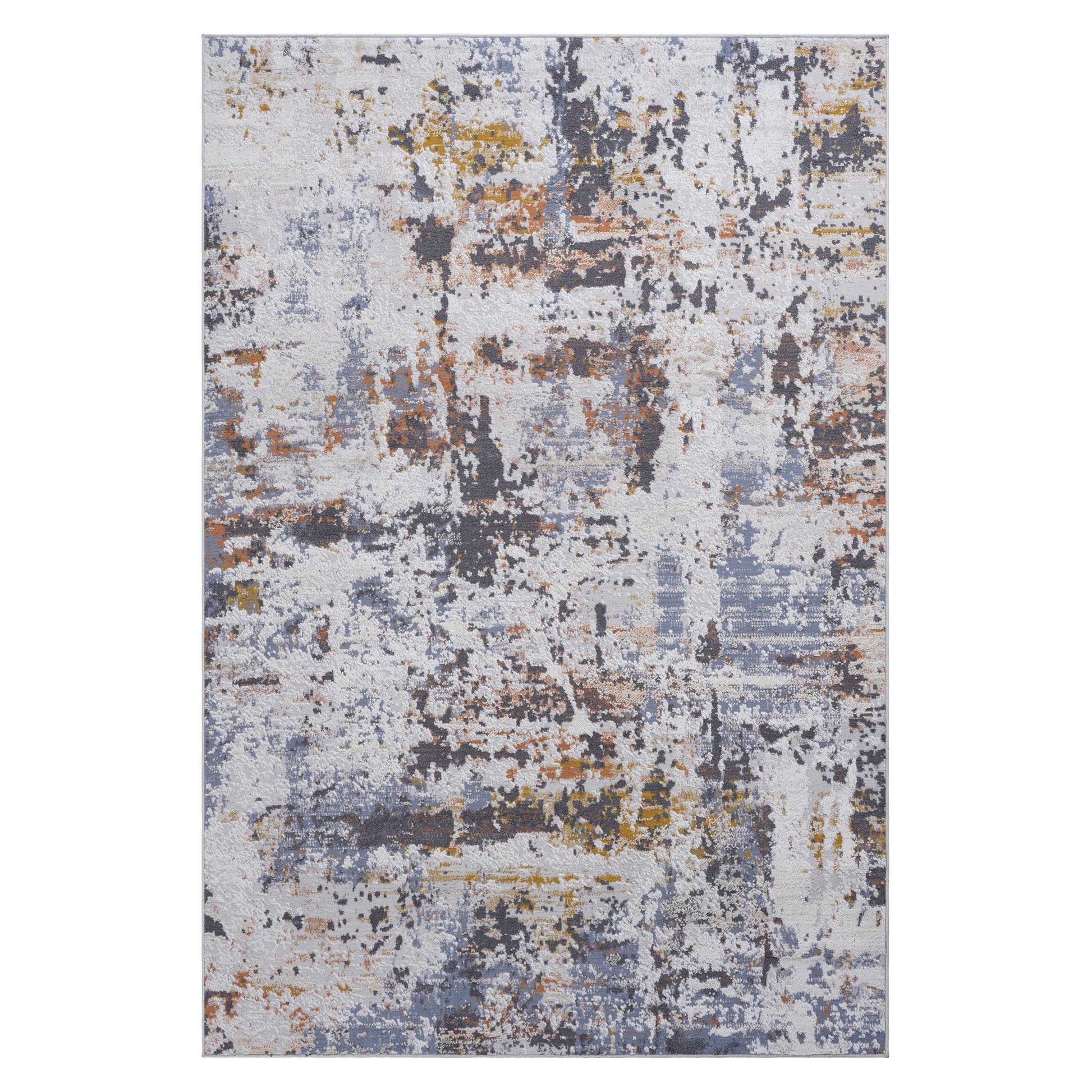 The Payas Abstract Area Rug features a distressed pattern in grey, blue, yellow, and orange tones for a modern, weathered look.