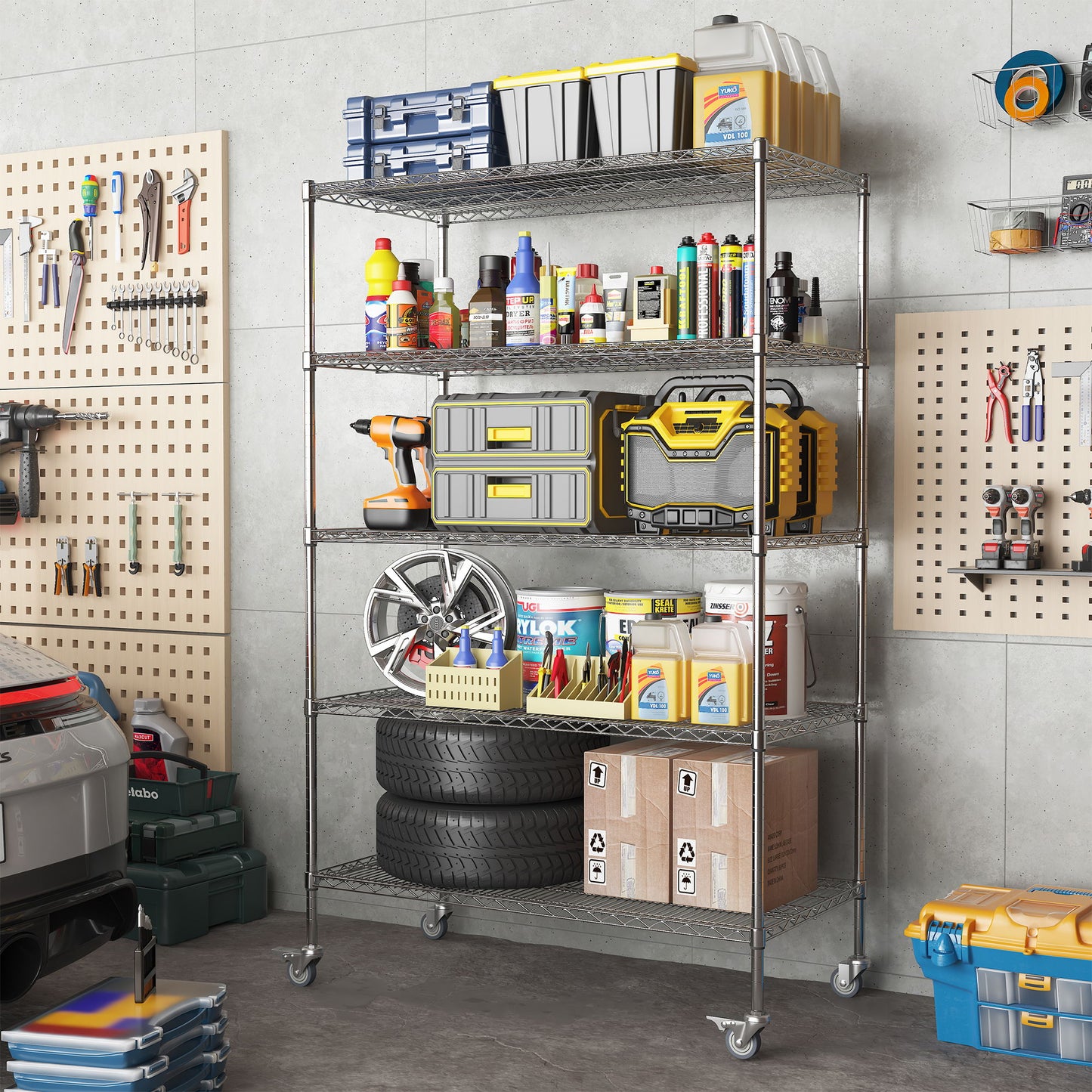 Heavy Duty Adjustable Shelving Unit, 5 Tier Wire Storage Shelves With Wheels - Brushed Nickel