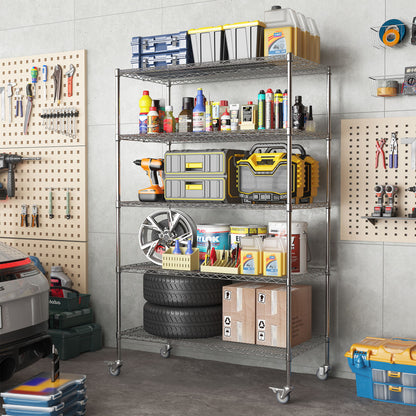 Heavy Duty Adjustable Shelving Unit, 5 Tier Wire Storage Shelves With Wheels - Brushed Nickel