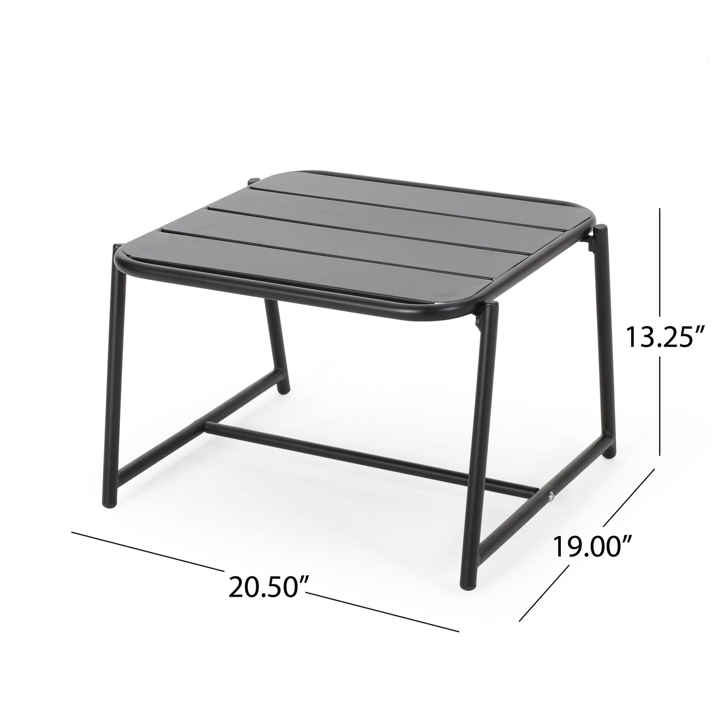 The Conrad Side Table Outdoor is a black metal table with a slatted top, measuring 20.5"W x 19"D x 13.25"H. Featuring a minimalist design, it includes straight legs and a support bar near the base—perfect for outdoor settings.