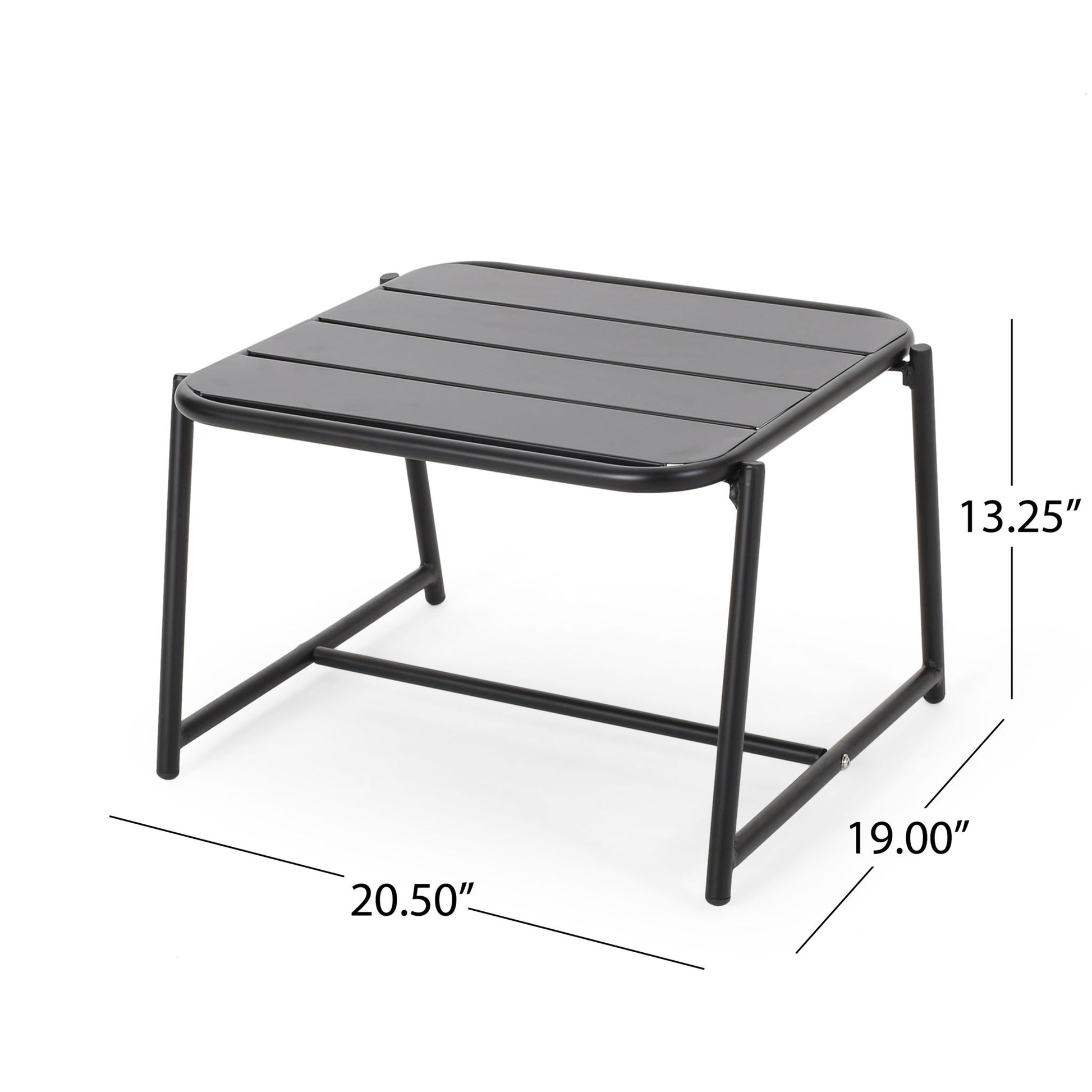 The Conrad Side Table Outdoor is a black metal table with a slatted top, measuring 20.5"W x 19"D x 13.25"H. Featuring a minimalist design, it includes straight legs and a support bar near the base—perfect for outdoor settings.