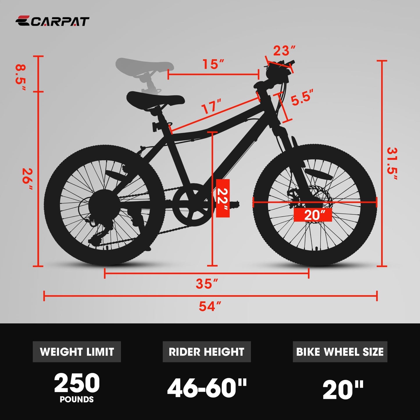 Silhouette diagram of the S20101 20" Kids' Bike with red measurement lines. Text below shows: weight limit 250 lbs, rider height 46-60 in, wheel size 20 in. CARPAT logo appears top left. For boys & girls ages 8-12, 7 speed, front suspension, disc & V-brake.
