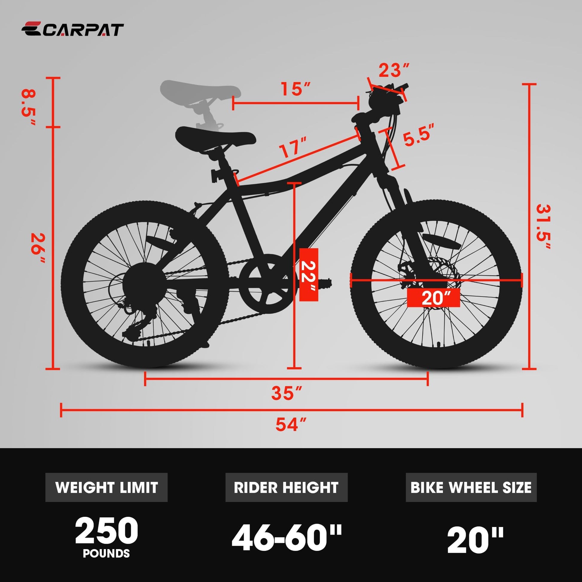 Silhouette diagram of the S20101 20" Kids' Bike with red measurement lines. Text below shows: weight limit 250 lbs, rider height 46-60 in, wheel size 20 in. CARPAT logo appears top left. For boys & girls ages 8-12, 7 speed, front suspension, disc & V-brake.