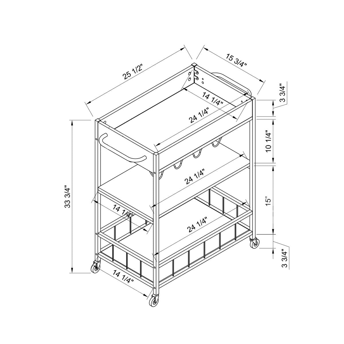 Line drawing of the Rolling Kitchen Cart With Storage And Four Wine Bottle Rack, featuring three shelves, handle, casters, and labeled dimensions: 33 3/4" height, 25 1/2" width, plus various shelf sizes in inches.