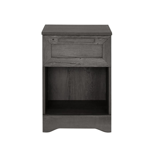 The Broxon - Rustic Drawer Nightstand, shown against a white background, features a gray wooden finish with a top single drawer and an open storage shelf below.