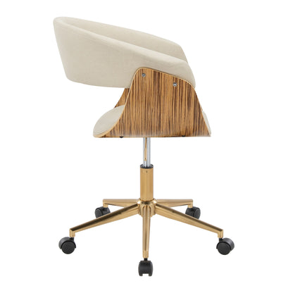 Side view of the Vintage Mod Mid-Century Modern Office Chair featuring beige upholstery, a curved wooden back, and a gold metal base with five black caster wheels.
