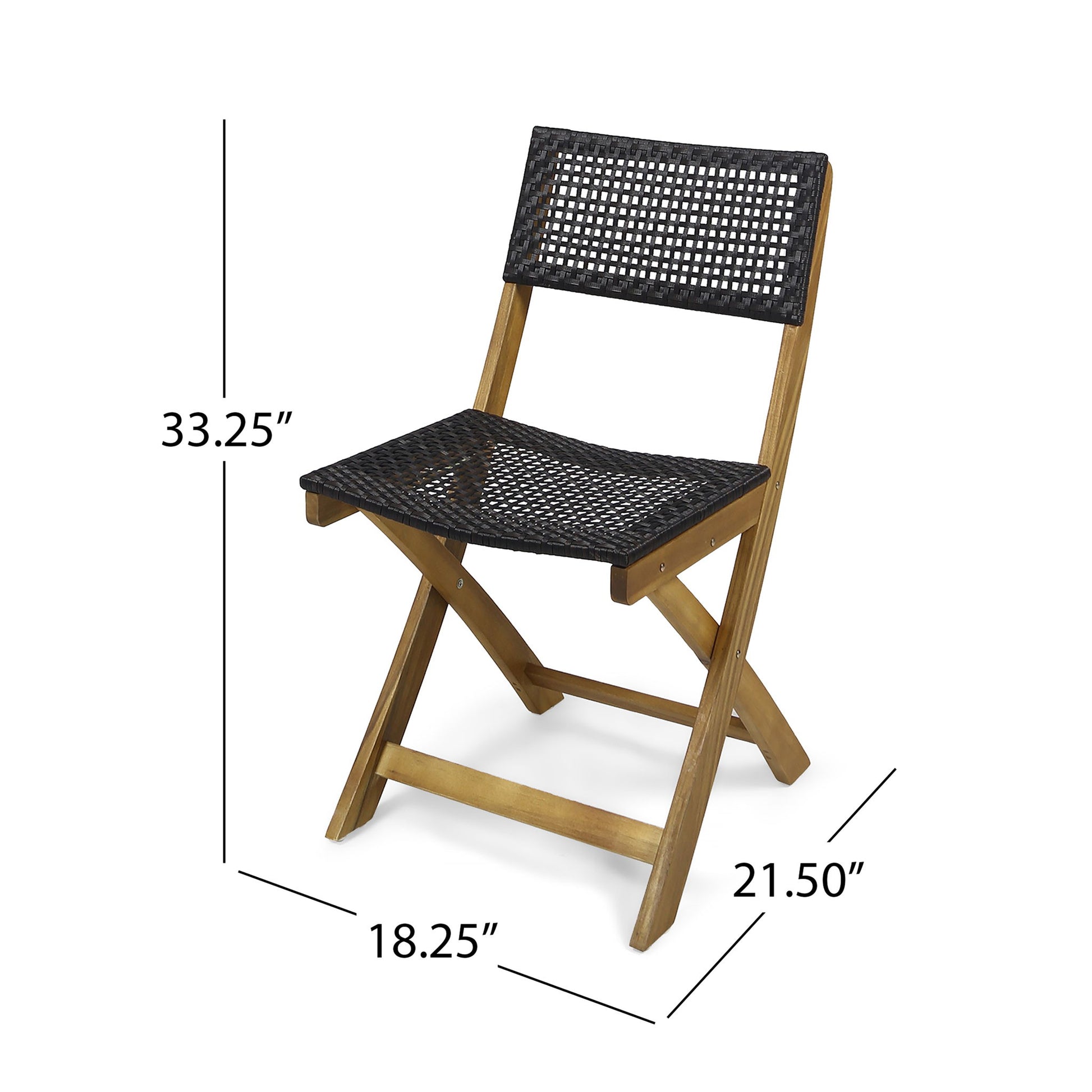 The Evergreen Outdoor Dining Set includes a dining table and two wooden folding chairs with woven black seats and backrests, each chair measuring 33.25"H x 18.25"W x 21.50"D.
