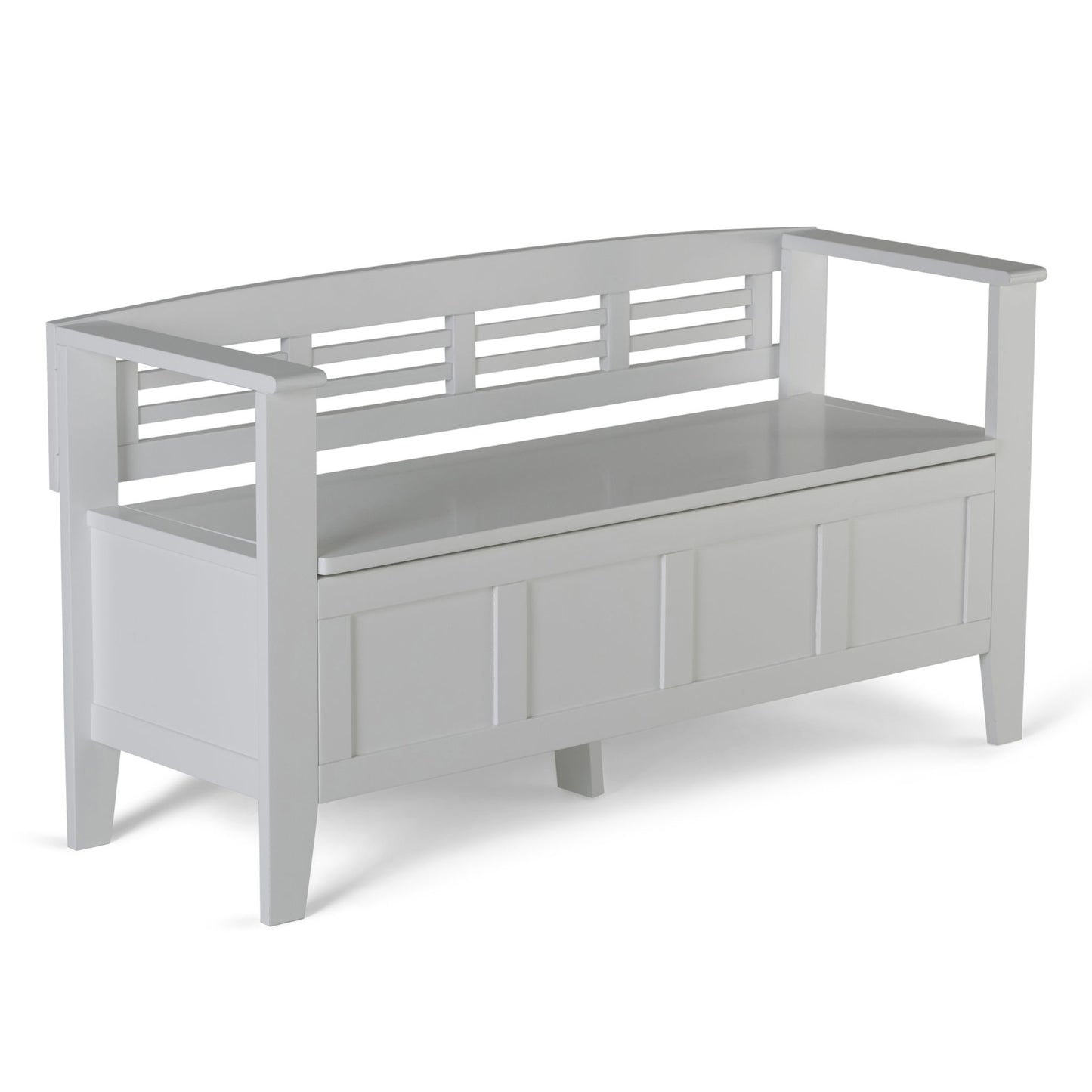 The Adams - Entryway Storage Bench Handcrafted features a white wooden frame, slatted backrest, open armrests, a paneled front design, and a storage compartment beneath the seat.