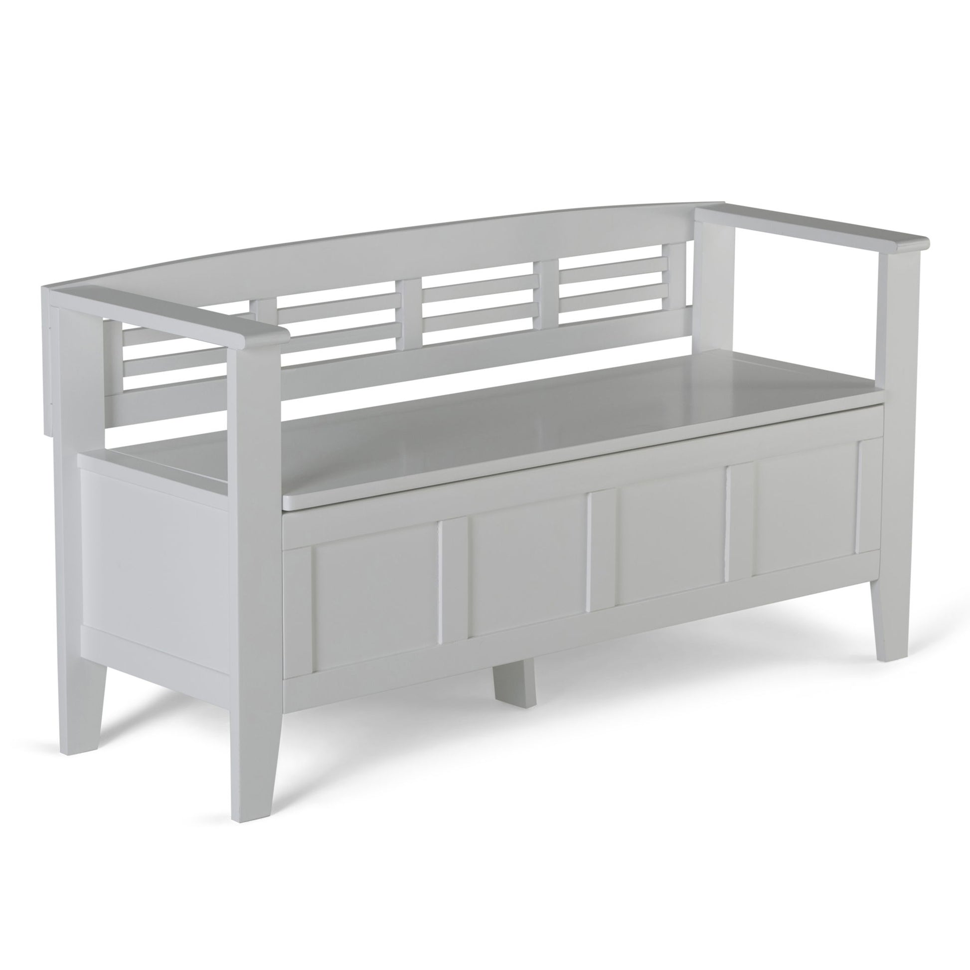 The Adams - Entryway Storage Bench Handcrafted features a white wooden frame, slatted backrest, open armrests, a paneled front design, and a storage compartment beneath the seat.