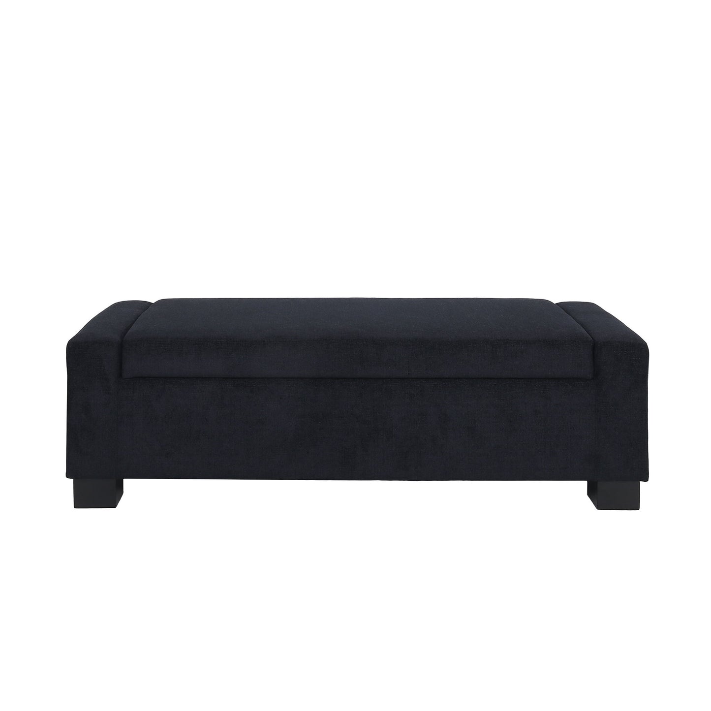 The Textured Fabric Ottoman Bench With Hinged Lid features a rectangular black upholstered design, a cushioned top, and short block-style legs, shown against a white background.