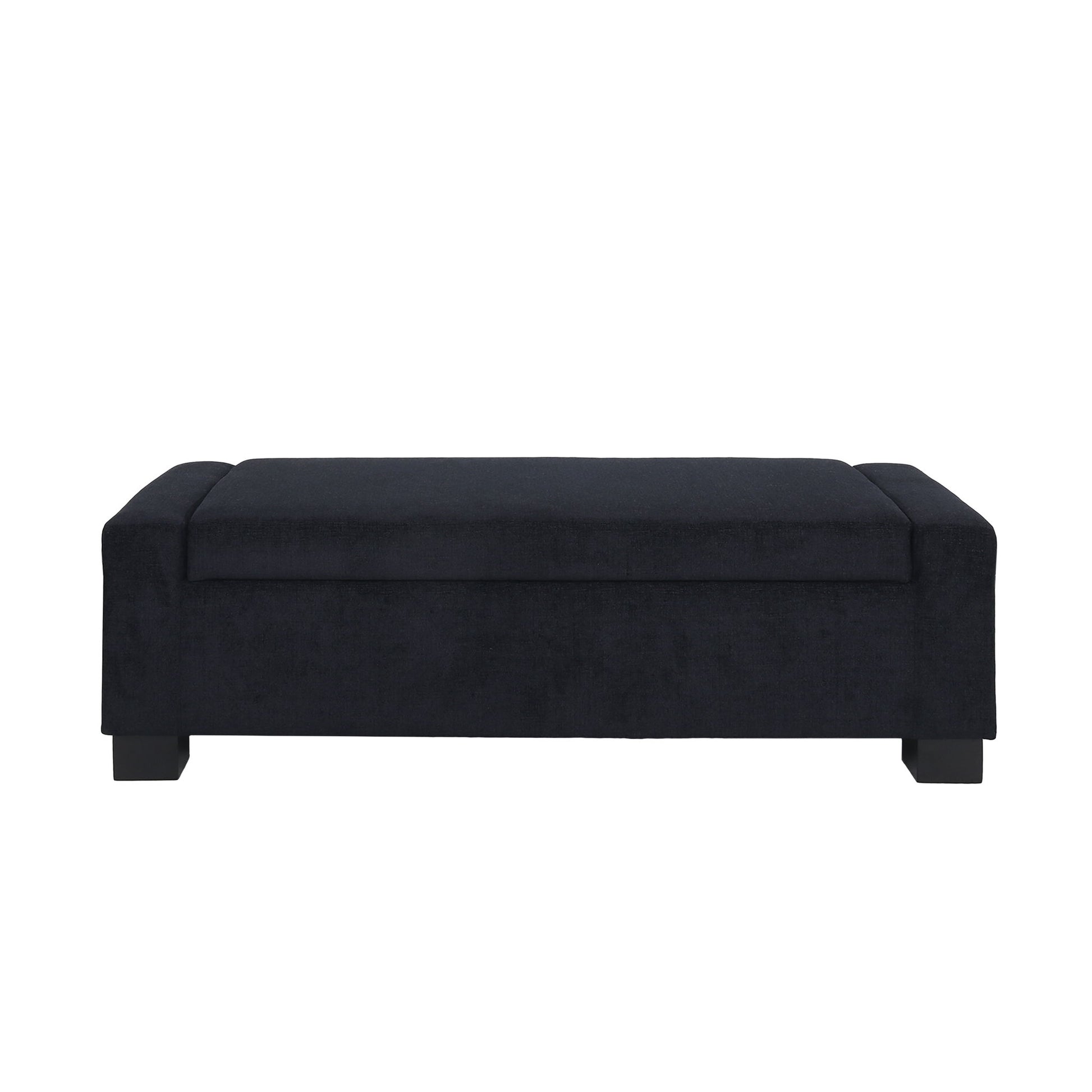 The Textured Fabric Ottoman Bench With Hinged Lid features a rectangular black upholstered design, a cushioned top, and short block-style legs, shown against a white background.