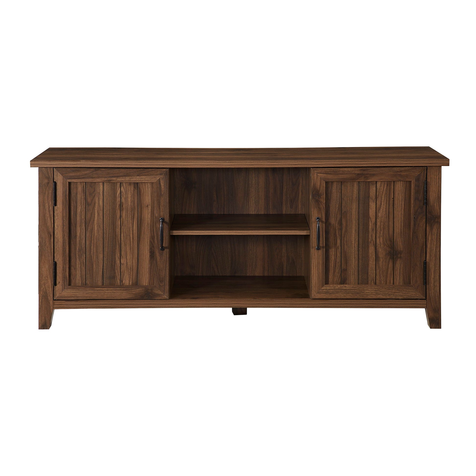 The Classic Grooved Door TV Stand for TVs up to 65" features a dark brown finish, two side cabinets with black metal handles, and two open center shelves. Its simple, modern design suits any living room.