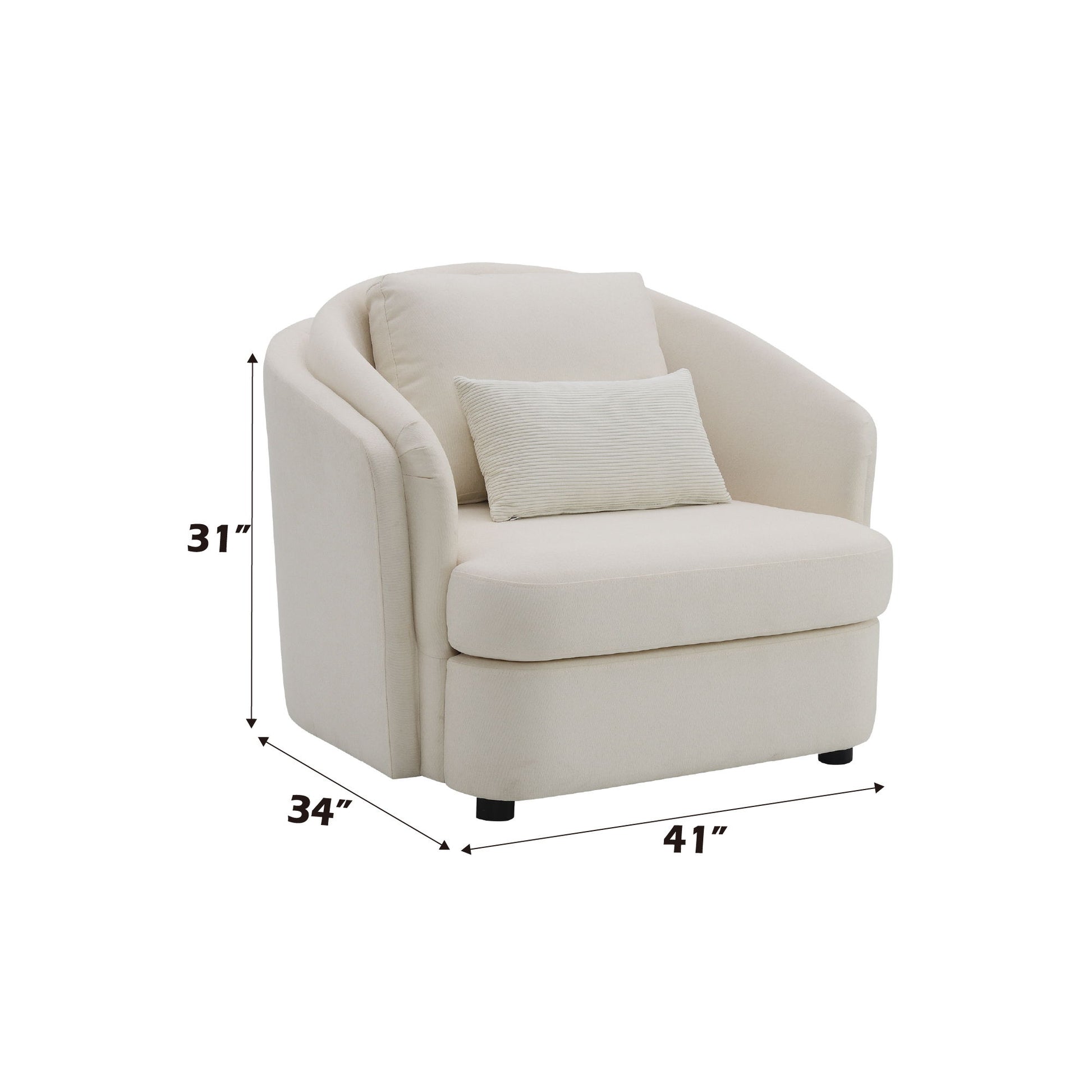 The Mariko Linen Chair with 1 Toss Pillow in beige features cream upholstery, a matching rectangular pillow, and black legs subtly beneath the base. Dimensions: 31" tall, 34" deep, and 41" wide.