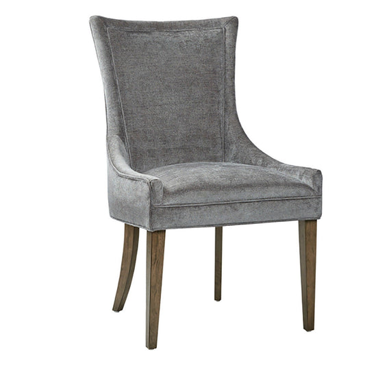 The Ultra - Elegant Dining Side Chair (Set of 2) features a modern design with high, curved backrests, soft grey upholstery, and four slightly tapered wooden legs in a natural finish.