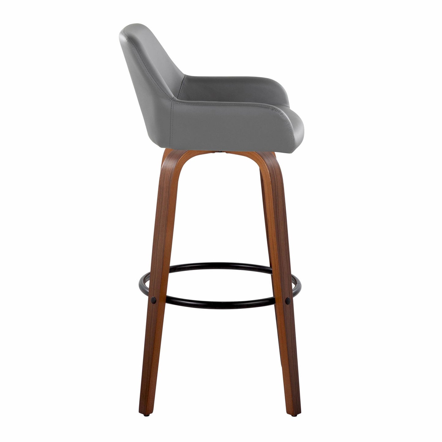 The Daniella - Contemporary Fixed Height Barstool features a gray cushioned seat and backrest, wooden legs, and a black round footrest. Shown in a side view on a white background. Sold as a set of 2 with swivel functionality.