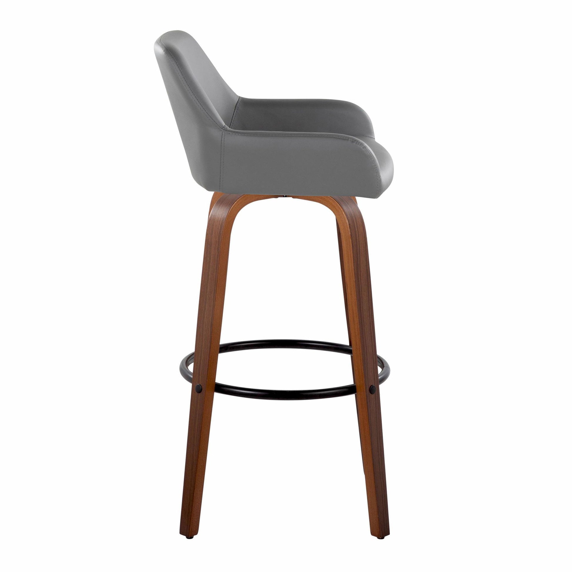 The Daniella - Contemporary Fixed Height Barstool features a gray cushioned seat and backrest, wooden legs, and a black round footrest. Shown in a side view on a white background. Sold as a set of 2 with swivel functionality.