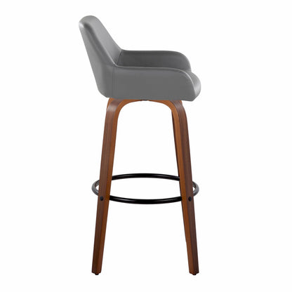 The Daniella - Contemporary Fixed Height Barstool features a gray cushioned seat and backrest, wooden legs, and a black round footrest. Shown in a side view on a white background. Sold as a set of 2 with swivel functionality.