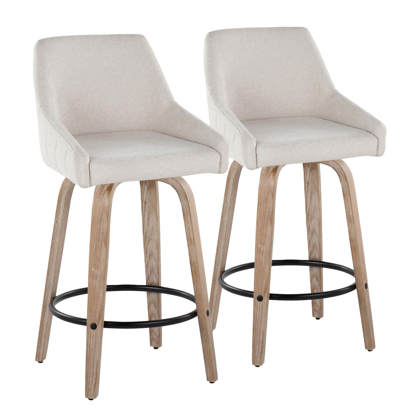 The Hannah Set of 2 Transitional Fixed Height Counter Stools features light beige upholstered swivel seats, short armrests, and curved wooden legs with black round metal footrests for a clean, contemporary look.