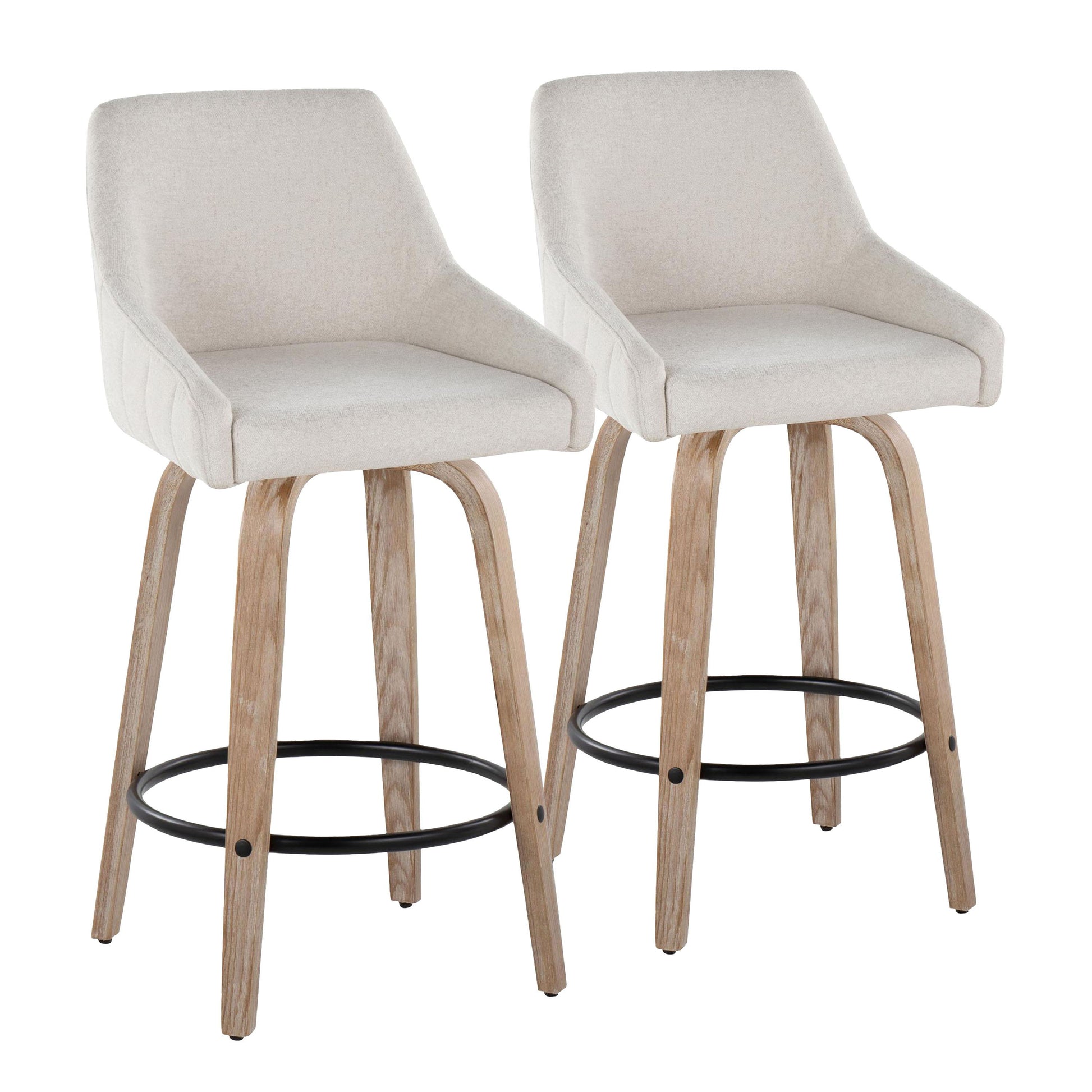 The Hannah Set of 2 Transitional Fixed Height Counter Stools features light beige upholstered swivel seats, short armrests, and curved wooden legs with black round metal footrests for a clean, contemporary look.