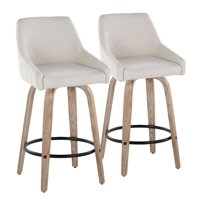The Hannah Set of 2 Transitional Fixed Height Counter Stools features light beige upholstered swivel seats, short armrests, and curved wooden legs with black round metal footrests for a clean, contemporary look.